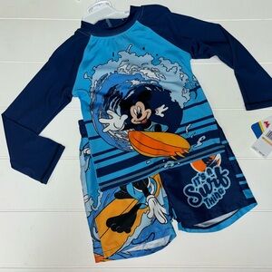 Disney Surf Mickey Mouse 2 piece Swim Trunks Rashguard Set